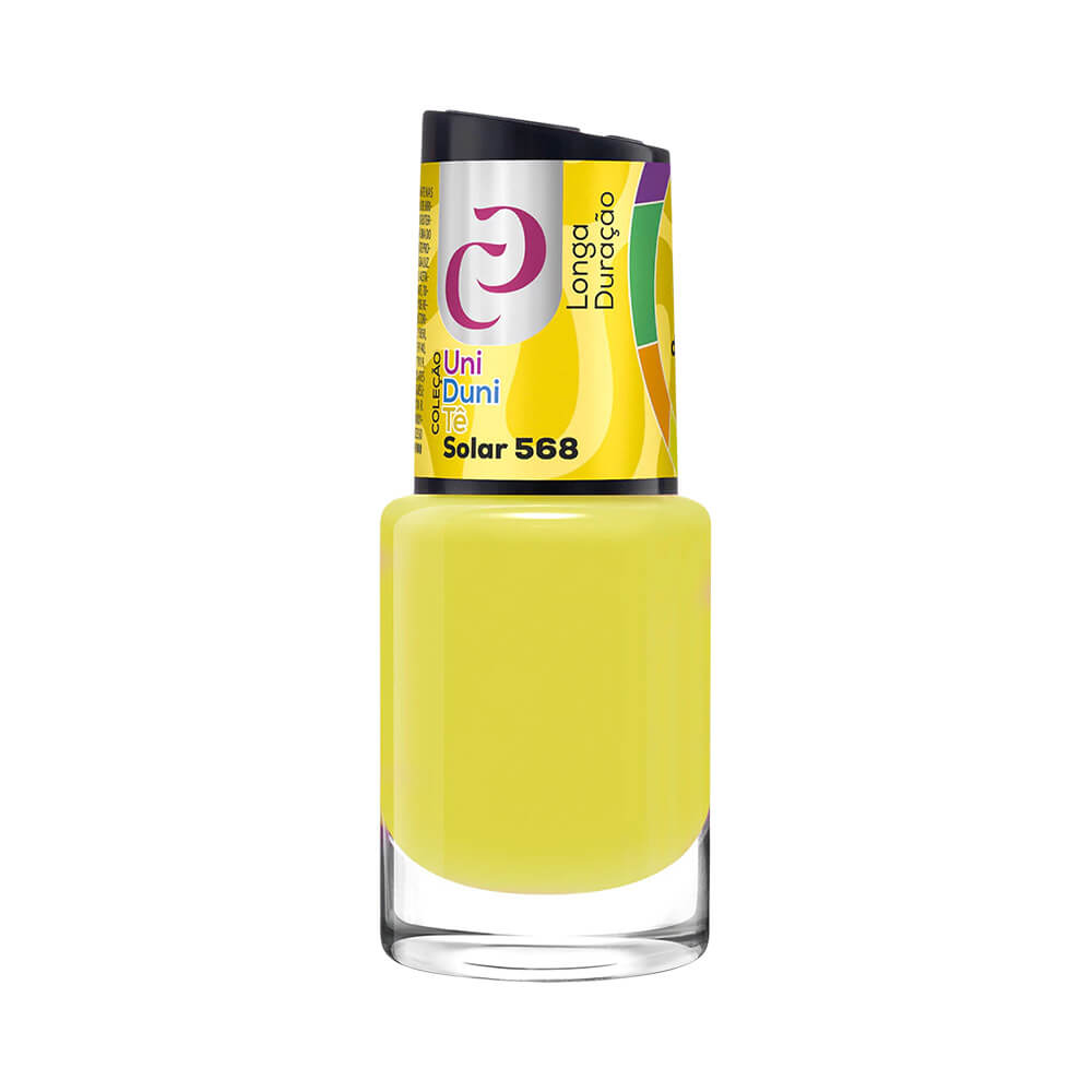 Frasco de esmalte amarelo vibrante da marca Cora, coleção Uni Duni Tê, cor Solar 568